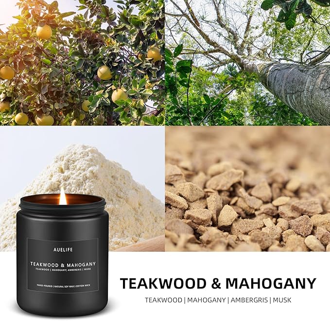 2 Pack Teakwood & Mahogany Candle | Scented Candles for Men, Man Gifts for Men - Masculine Candles - Soy Candle for Home Scented - 7oz Black Jar, Long Lasting - Bloomnest