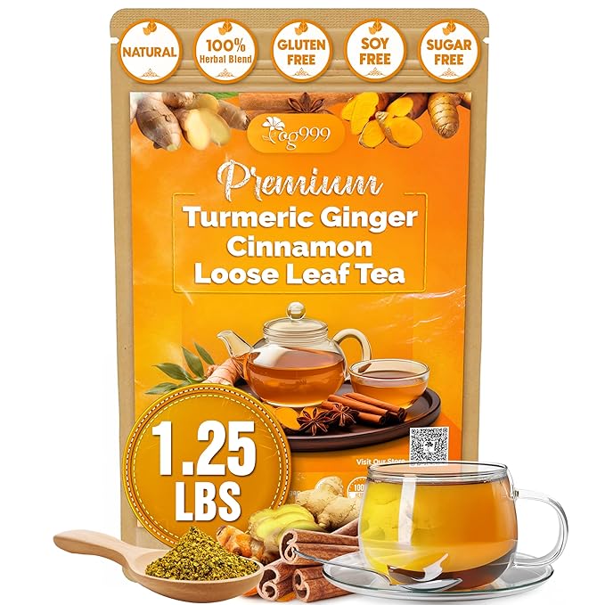 TOG999, Premium 20oz/330 cups Ginger Turmeric Cinnamon Loose Leaf Herbal Tea. Improve Digestion, Support Brain, Weight, Skin and Sleep. Premium Quality Spiced Blend. No Sugar, No Caffeine, No Gluten, Vegan. - Bloomnest