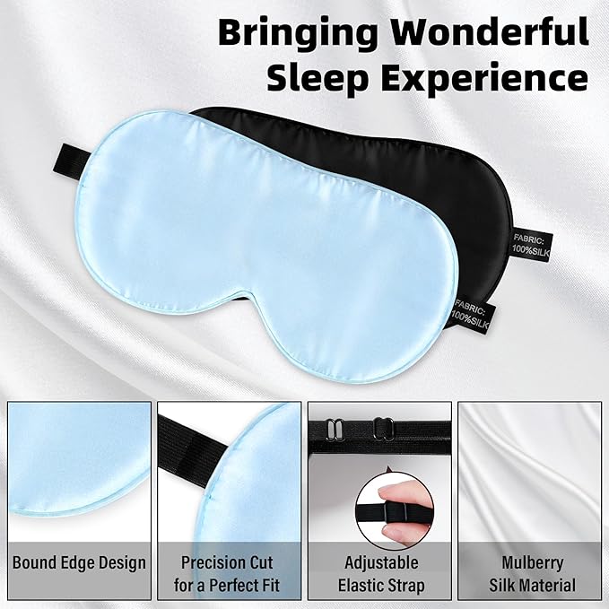 Silk Sleep Eye Mask for Kids, 100% Real Natural Pure Silk Sleeping Masks, Blindfold Sleep Eye Cover with Adjustable Strap, Soft & Lightweight Night Eyeshade for Boys Girls Teens (2 Pack)