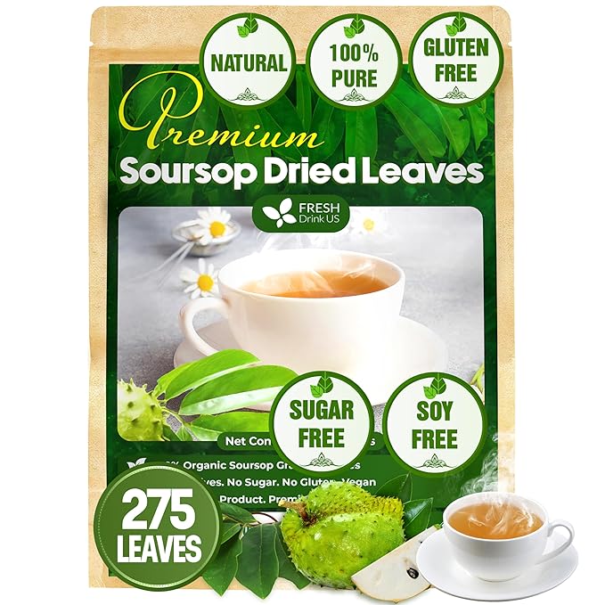 FreshDrinkUS, Premium 275+ Soursop Graviola Whole Dried Leaves Tea, 275-300 Soursop Graviola Guanabana Whole Leaves, Wildcrafted, Hoja Guanabana Loose Leaf Herbal Tea, No Gluten, Vegan - Bloomnest