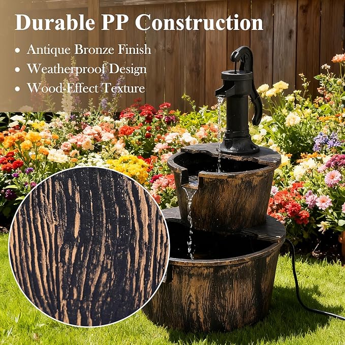 Athena Collection 27'' Height Electric Waterfall Fountain 2 Tier Stepped Barrel Vintage Fountain Polypropylene with Pump Freestanding Floor Tabletop Fountain for Outside, Patio, Garden, Bronze - Bloomnest
