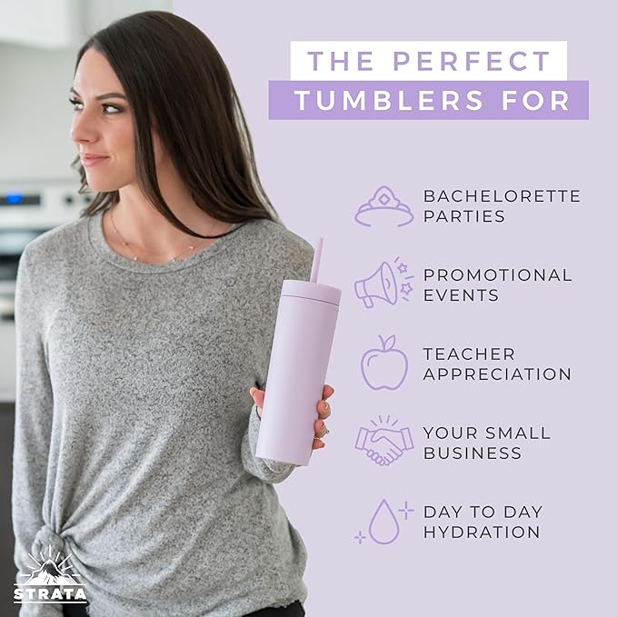 STRATA CUPS Multicolor Skinny Tumblers with Lids and Straws (12 pack) - 16oz Double Wall Acrylic Tumbler, Tall Matte Skinny Tumblers, Bulk with Free Straw Cleaner, Reusable Cups - Bloomnest