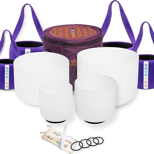 FMTY Crystal Singing Bowl Set - Perfect Pitch 6B+8G+10E+12C, White, Meditation, Yoga, Spiritual Healing - Bloomnest