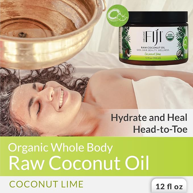 Organic Fiji Raw Cold Pressed Coconut Oil for Hair, Skin, Face & Body | Relaxing Massage Oil | Coconut Lime,12 oz for Women Men & Baby - Bloomnest