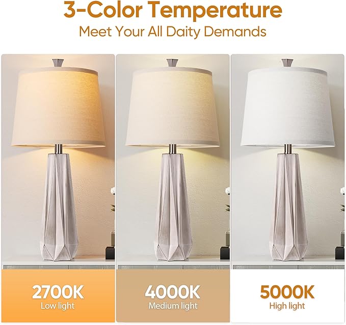 WIHTU 3 Color Temperature Table Lamps Set of 2, Beside Lamp with Linen Shade, 27'' Light Wood Color Modern Table Lamp for Living Room, Resin Desk Lamp for Nightstands Bedroom Decor (2 Bulbs Included) - Bloomnest