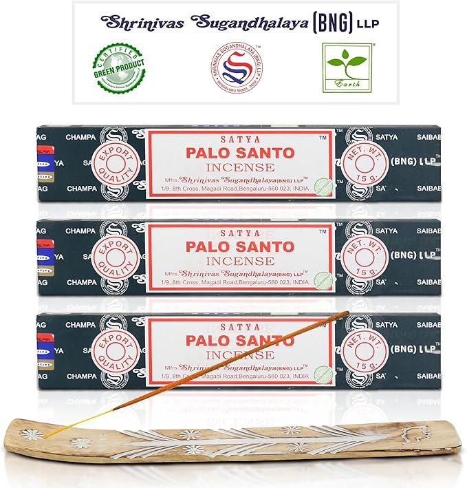 Satya Nagchampa Palo Santo Incense Sticks, Satya Bng (Bangalore) Insenses 15gmx3 Pack (45 GMS) with Raajsee Incense Holder Bundle, Satya Nagchampa Natural Incense - Bloomnest