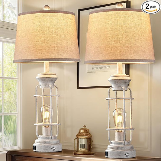 28" Farmhouse Table Lamp Set of 2 with USB Charging Ports, Tall Table Lamp for Living Room,3-Way Dimmable Lamps for Bedroom, Rustic Bedside Lamp, Industrial Nightstand Lamps,Bulbs Included - Bloomnest