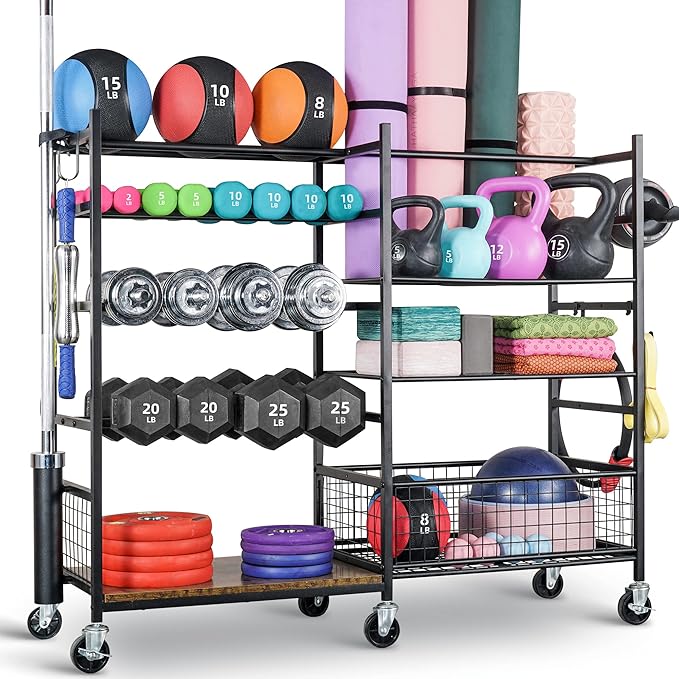 PLKOW Dumbbell Rack, Weight Rack for Dumbbells, Home Gym Storage for Dumbbells Kettlebells Yoga Mat and Balls, All in One Workout Storage with Wheels and Hooks, Powder Coated Finish Steel - Bloomnest