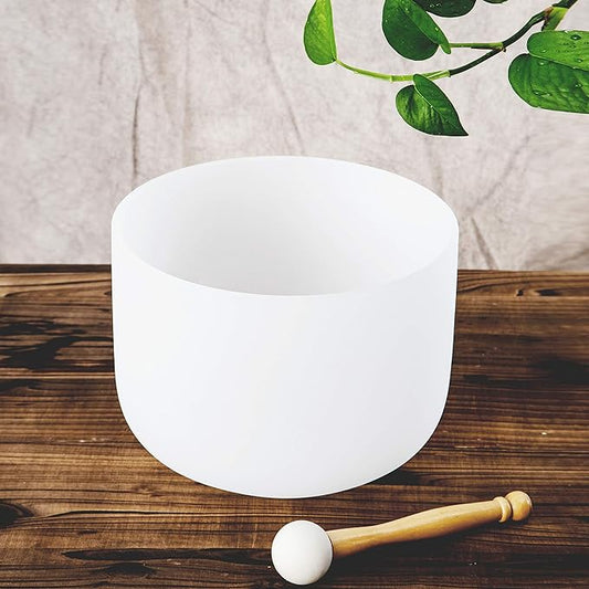 Leize Quartz Crystal Singing Bowl F Note Heart Chakra White 8" with Heavy Duty Carrying Case Suede Striker
