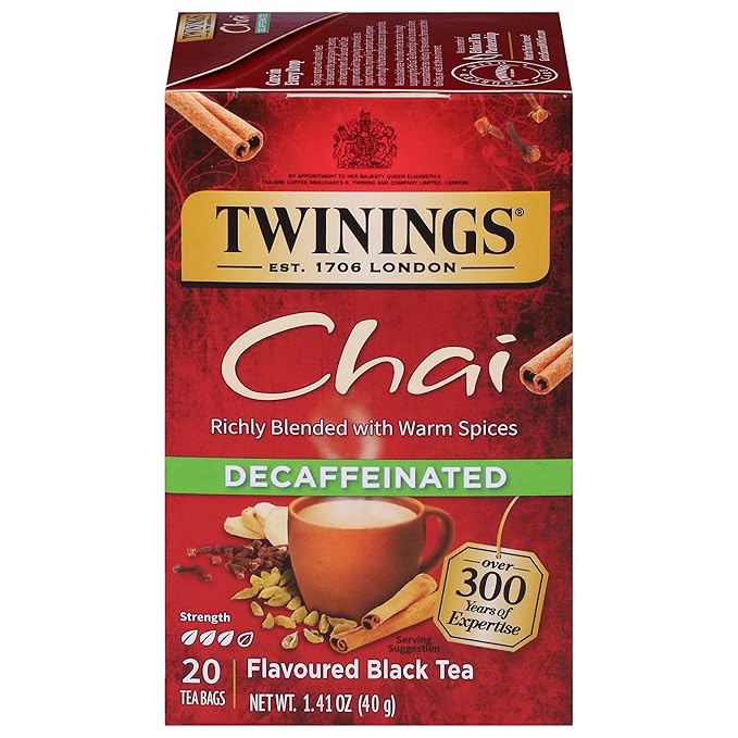 Twinings Decaffeinated Chai Individually Wrapped Bags, 20 Count (Pack of 1), Sweet, Savoury Spices, Enjoy Hot or Iced, 20 Teabags - Bloomnest
