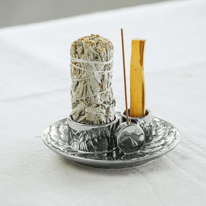 4 in 1 Incense Holder, Ceramic Incense Stick and Palo Santo Holder,Sage Holder for Burning- 5.5" Ceramic Ash Catcher Tray for Meditation and Yoga Room (Silver) - Bloomnest
