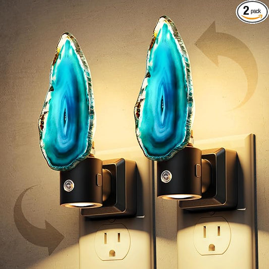 L LOHAS LED Night Light, Night Lights Plug into Wall, Agate Nightlight Rotating, Dimmable Nightlights Plug in with Light Sensor, Soft White Nightlights for Bathroom Bedroom Hallway, 2 Pack(Blue) - Bloomnest
