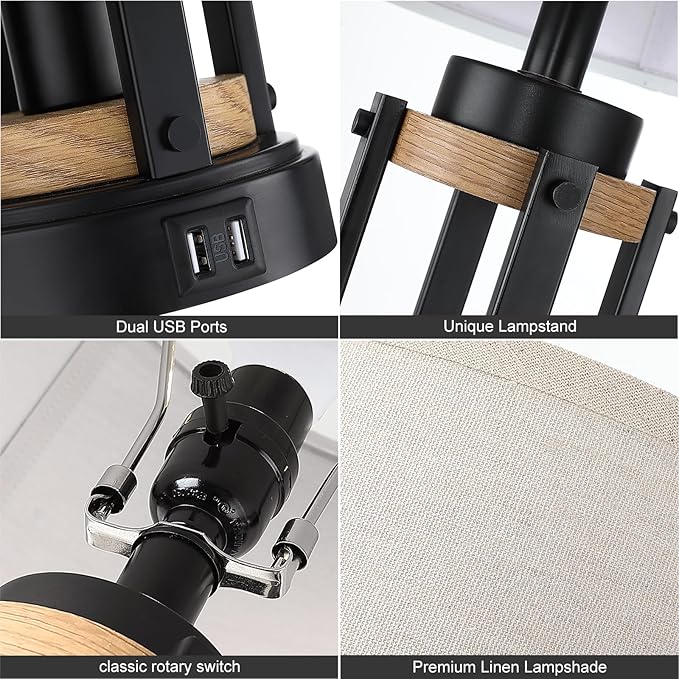 Farmhouse Table Lamps for Living Room Set of 2, 26” Rustic Beside Lamps with USB Charging Ports and Night Light, Bedroom Nightstand Lamp Vintage Reading Lamps for End Table,Bulbs Included - Bloomnest