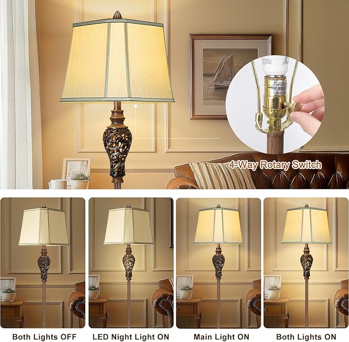 Vintage Floor Lamp with Nightlight, 65" Rustic Standing Lamp with Beige Faux Silk Shade, Farmhouse Style Design Tall Lamp Decor for Living Room Bedroom Study Home Office Corner- Bronze (Bulb Included) - Bloomnest