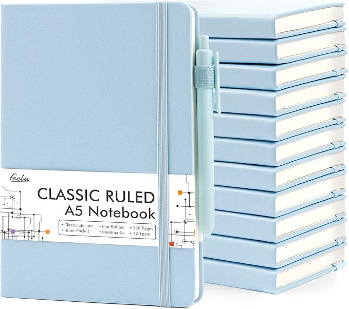 feela 12 Pack Notebooks Journals Bulk, Hardcover Notebook Classic Ruled Lined Journals with Pen Holder for Women Girls School Business Supplies, with 12 Black Pens, 120 GSM, 5.1”x8.3”, A5, Light Blue - Bloomnest