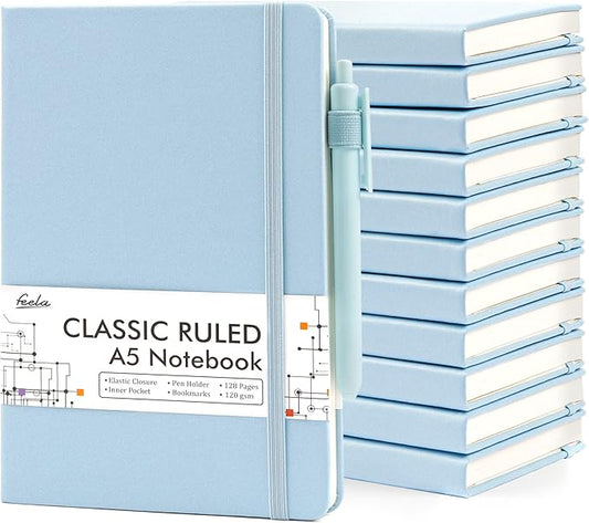 feela 12 Pack Notebooks Journals Bulk, Hardcover Notebook Classic Ruled Lined Journals with Pen Holder for Women Girls School Business Supplies, with 12 Black Pens, 120 GSM, 5.1”x8.3”, A5, Light Blue - Bloomnest