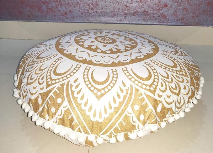 24" White Gold Flower Mandala Barmeri Large Floor Pillow Cover Cushion Meditation Seating Ottoman Throw Cover Hippie Decorative Zipped Bohemian Pouf Ottoman Pom Pom Cases ( 24 " round) - Bloomnest
