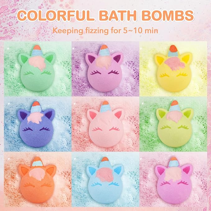SHUCHING 9 XXL Unicorn Bath Bombs with Surprise Inside, Natural and Organic Bubble Bath Fizzy Balls for Kids, Birthday Christmas Gifts Set for Girls - Bloomnest