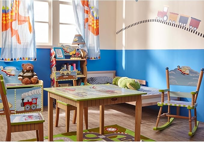 Fantasy Fields Kids Small Table Lamp, Truck Lamp, Car Lamp for Boys Room with Construction Truck Base & Helicopter Printed Shade, Transportation Themed - Bloomnest