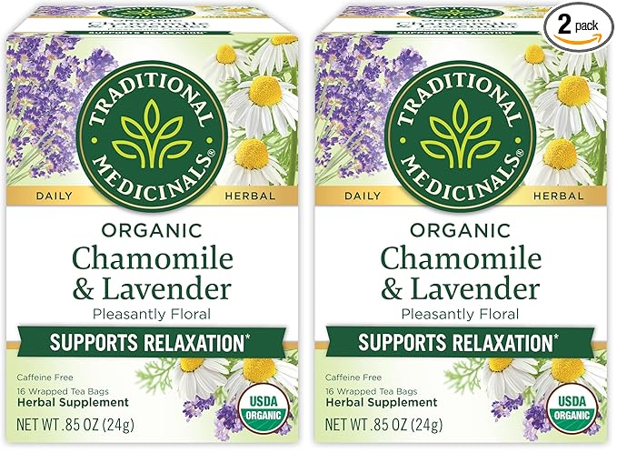Traditional Medicinals Organic, Chamomile & Lavender - Chamomile Tea Supporting Stress Relief and Relaxation - Kosher, Non-GMO, Caffeine-Free, Compostable - 16 Tea Bags (Pack of 2) - Bloomnest