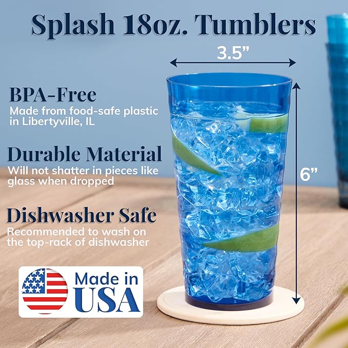 US Acrylic Splash [Set of 16] 18 ounce Plastic Stackable Water Tumblers in 4 Coastal Colors Value Set of Drinking Cups, Reusable, BPA-free, Made in the USA, Top-rack Dishwasher Safe - Bloomnest