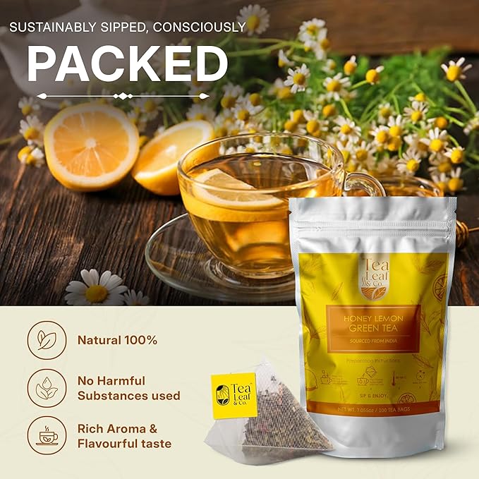 Tealeaf & Co. Honey Lemon Green Tea with Lemon & Honey Extract, Lemongrass, Licorice & Chamomile - Organic Green Tea Bags with Fresh Herbs and Spices - 100 Teabags (7.055oz/200gm) - Bloomnest