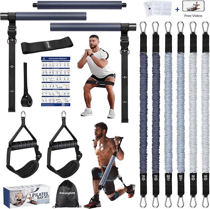 Upgraded Pilates Bar Kit with Resistance Bands Natural Latex for Women & Men, Heavy-Duty Stainless Steel Multifunctional Yoga Pilates Stick for Home Gym Exercise Fitness Equipment Full-Body Workouts - Bloomnest