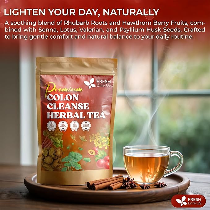 FreshDrinkUS, Premium Colon Cleanse Tea – 60 Tea Bags – Rhubarb Root & Hawthorn Berry with Senna, Lotus Leaf, Valerian Root & Psyllium Husk – Herbal Blend, Caffeine-Free. Vegan - Bloomnest