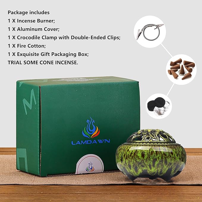 Incense Burner with Calabash Incense Stick Holder - Porcelain Charcoal Censer for Use with Resin Granular Powder Cone or Coil Incense (Kiln-Colored Green) - Bloomnest