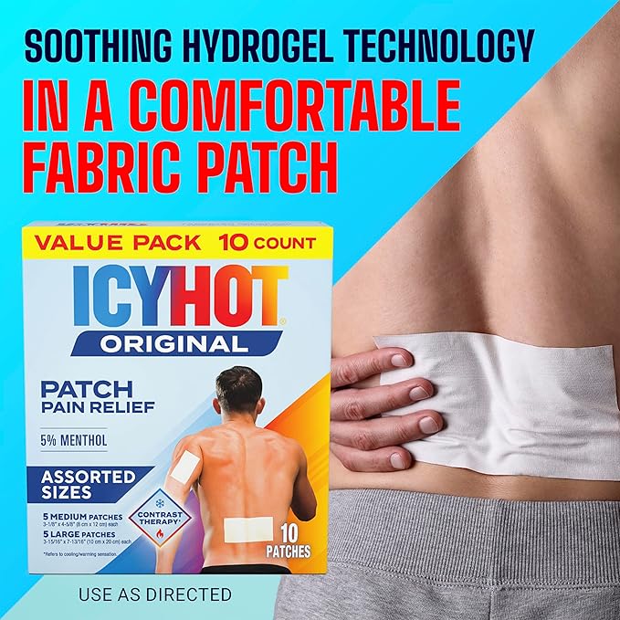Icy Hot Original Pain Relief Patch Variety Pack with 5% Cooling Menthol for Fast-Acting Muscle and Joint Pain Relief, 5 Medium and 5 Large Comfortable Fabric Patches, 10 Ct. - Bloomnest