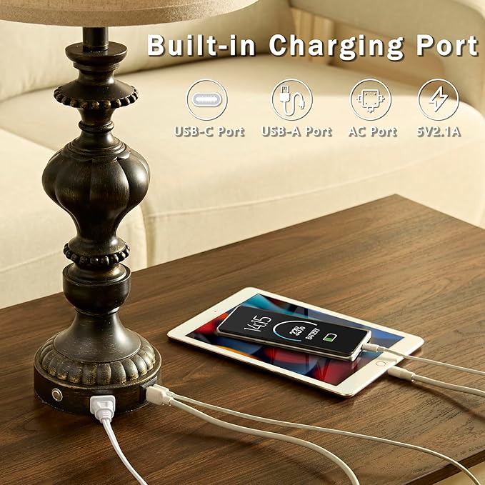 27.5" Farmhouse Table Lamps Set of 2 Bedside Lamp with USB C+A Ports & AC Outlet, 3 Way Dimmable Touch Lamps for Living Room Bedroom Office Hallway Rustic Nightstand Traditional Lamp - Bloomnest