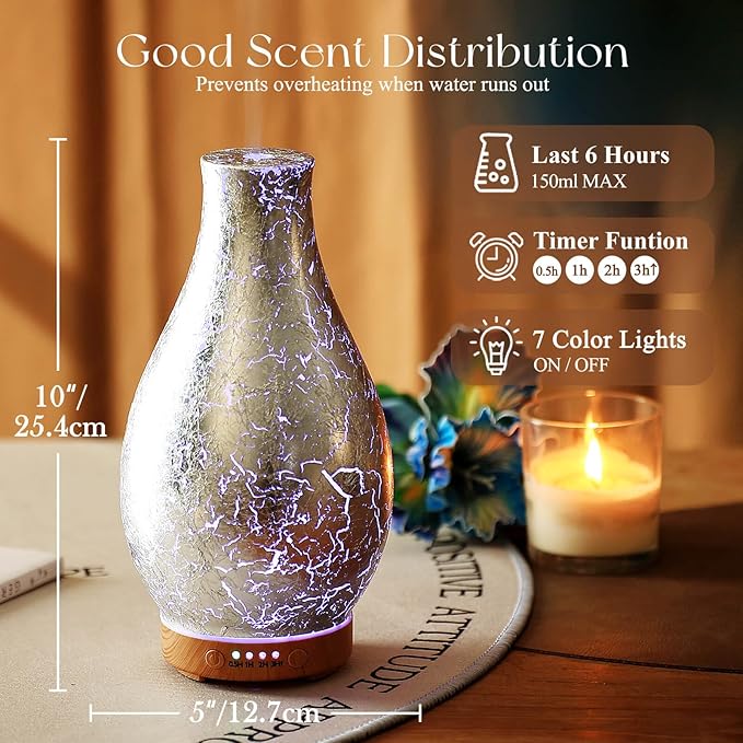 Porseme 100ml Silver-Plated Volcano Essential Oil Diffuser 3D Glass - Elegant and Effective Aromatherapy with 7 Color Changing LEDs and Waterless Auto-Off BPA Free for Home Yoga Leisure SPA Gift Porseme