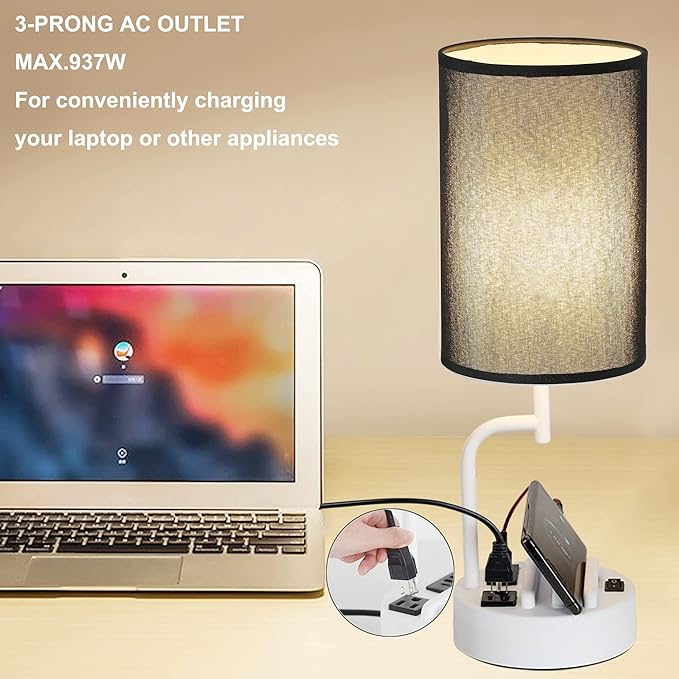 Dreamholder Table Lamp with 3 USB Charging Ports, Modern Desk Lamp with AC Outlet and Phone Stands, Perfect Bedside Lamp for Bedroom, Living Room, Office (Pack of 2), White&Black - Bloomnest