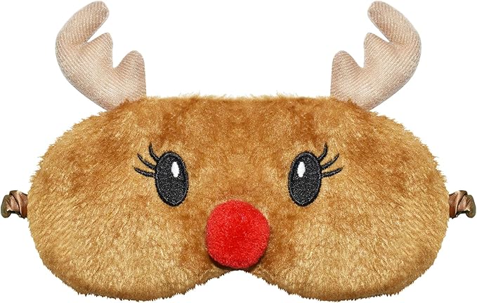 Christmas Reindeer Sleeping Mask Eye Mask Cute Animal Rudolph Sleep Mask Soft Plush Blindfold Funny Eye Cover Eyeshade for Kids Adults Girls Boys Women Men (Reindeer, Brown) - Bloomnest