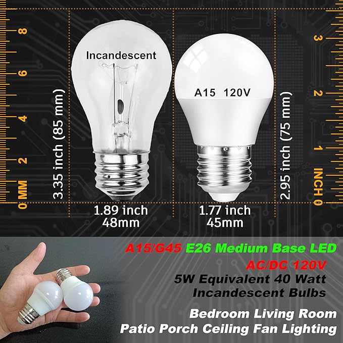 5W 120V A15 LED Nightlight Bulb 2700K Soft Warm White 40Watt Equivalent E26 Medium Base LED Energy Saving Household Bulbs for Bedroom Living Room Patio Porch Ceiling Fan Lighting, Non-Dimmable, 2 Pack - Bloomnest