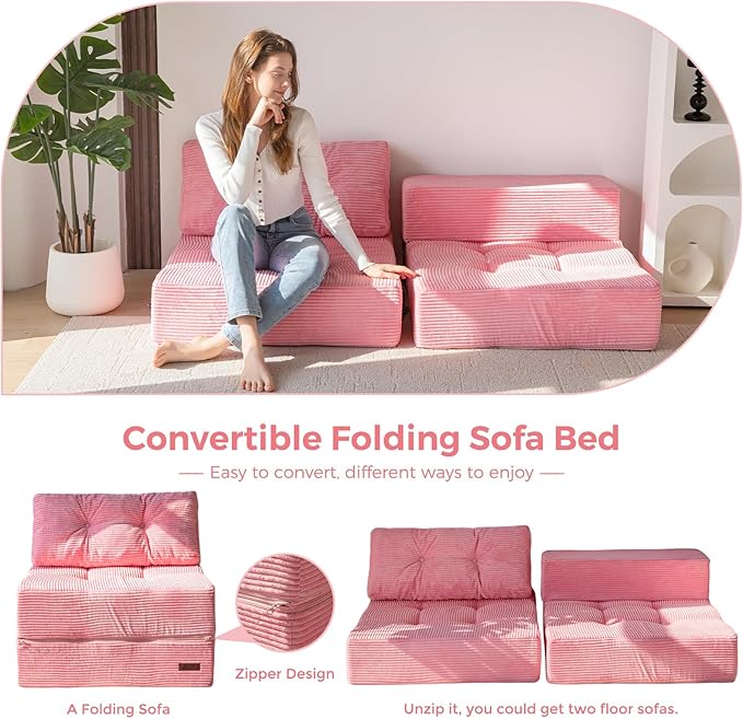 MAXYOYO Folding Sofa Bed, Convertible Sofa Bed with High-Density Support Foam, Portable 4 in 1 Fold Out Chair to Floor Lounger, Versatile Floor Couch for Living Room Bedroom, Pink - Bloomnest