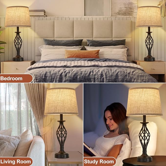 Table Lamp for Bedroom Set of 2 with USB C+A Ports, Modern Bedside Lamps with Spiral Cage Base, Fabric Shade, Nightstand Lamp for Living Room Reading Bed Side End Table, 2 LED Bulbs Included Black - Bloomnest