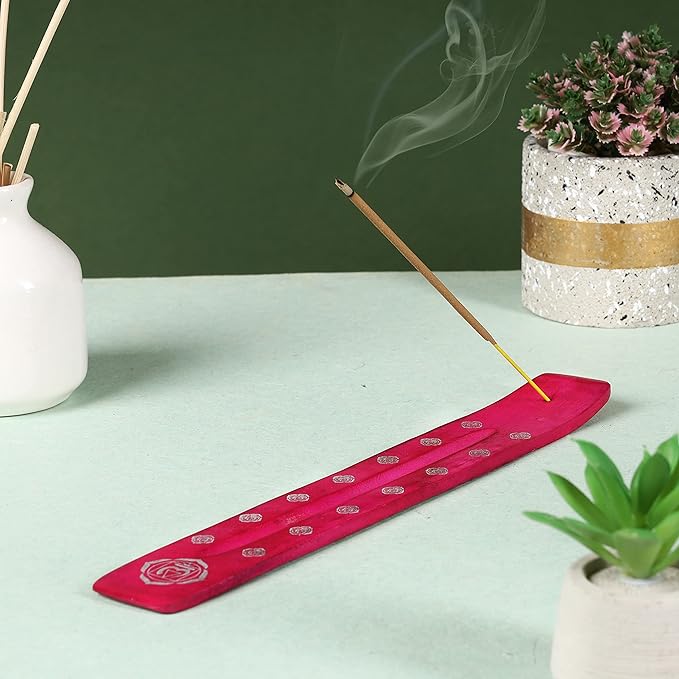 Bless-International Traditional-Handmade-Burner Wooden-Incense-Stick-Holder Ash-Catcher-Stand for-Aromatherapy-Meditation-Yoga (Heart Pink) 10 Inches, Pack of 2 - Bloomnest