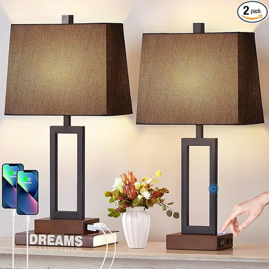 Touch Control Table Lamps Set of 2, Modern Bedside Lamps with 2 USB Charging Ports & AC Outlet, 3-Way Dimmable Wood Nightstand Lamp for Living Room Bedroom End Table Office Black(2 LED Bulbs Included) - Bloomnest