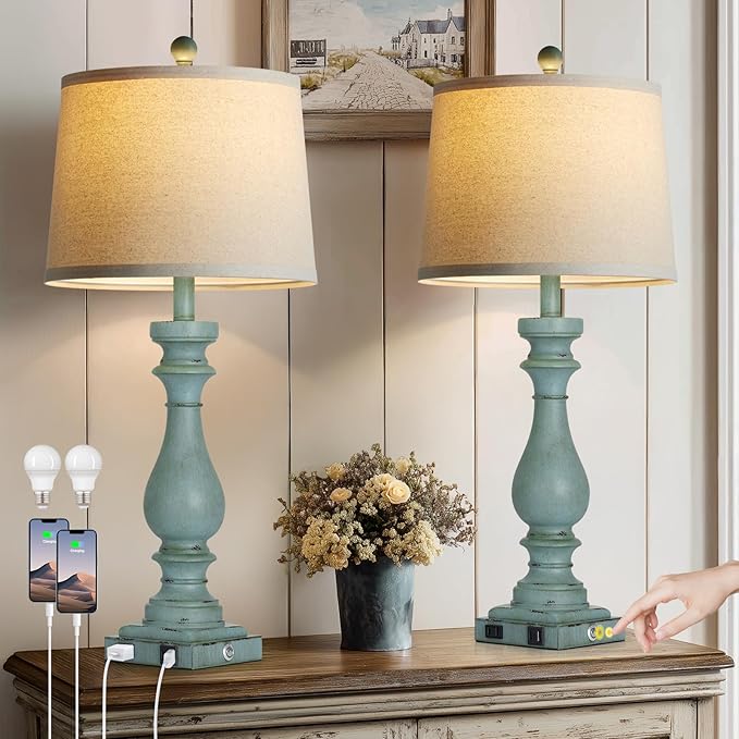 29" Tall Coastal Table Lamps Set of 2,Retro Blue Bedside Lamps with USB C+A Ports & AC Outlet,3-Way Dimmable Touch Lamp for Night Stands Living Room Bedroom,Blue - Bloomnest