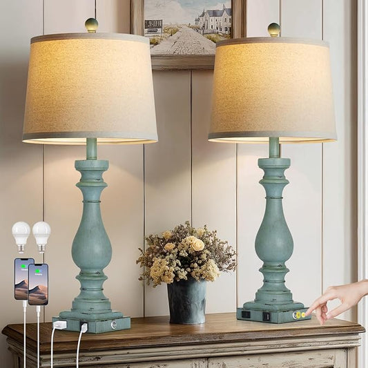 29" Tall Coastal Table Lamps Set of 2,Retro Blue Bedside Lamps with USB C+A Ports & AC Outlet,3-Way Dimmable Touch Lamp for Night Stands Living Room Bedroom,Blue - Bloomnest