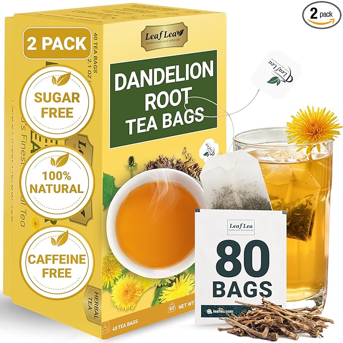 LeafLea 80 Dandelion Tea Bags, All Natural and Pure Dandelion Root Tea, Supports Digestion & Immune Health, Individually Wrapped Tea Bags, Caffeine-Free, Vegan, No Sugar, Gluten-Free, Non-GMO, 2 Pack - Bloomnest