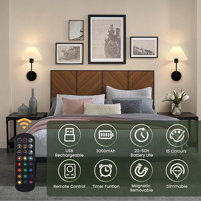 Rechargeable Battery Operated Wall Sconces Sets of 2, 15 Colors Wireless Wall Sconce, Black Wall Lights Fixture with Dimmable Bulbs and Remote, Not Hardwired Wall Mounted Lamps for Bedroom Living Room - Bloomnest