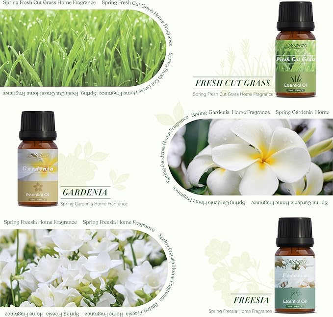 SALUBRITO Spring Fragrance Oils Set, Premium Essential Oils for Diffuser, Candle, Soap Making, After Rain, Gardenia, Fresh Cut Grass, Ocean Breeze, Freesia, Rose Geranium, Strong Scented Oils - Bloomnest