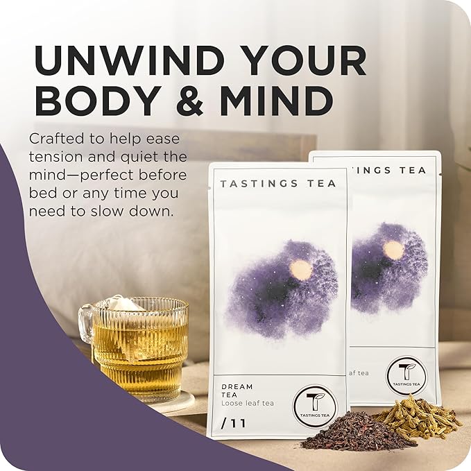 Tastings Tea Dream Loose Leaf, 8 oz | Calm Herbal Sleep Blend with Chamomile, Valerian & Lemon Grass | Natural Antioxidants for Wellness & Bed | Small Batch & Sustainably Sourced | Resealable Pouch - Bloomnest