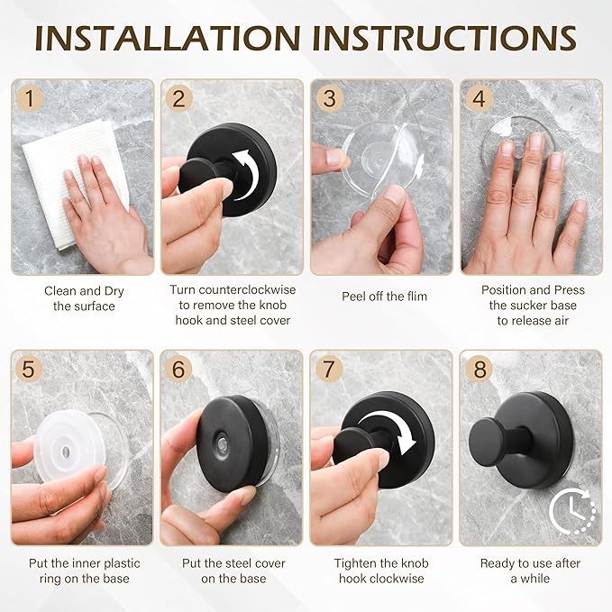Shower Suction Cup Hooks, Heavy Duty Bathroom Wall Hooks for Towels, Robes, Loofahs, Removable Metal Hook for Tile Glass Mirror, No Drill(4 Pack, Black) - Bloomnest