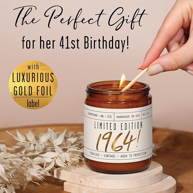 61st Birthday Gifts for Women - 'Limited Edition 1964' Soy Candle, w/Champagne on Ice I 61 Birthday Gifts for Women I 61st Gift for Her Ideas I 9oz Reusable Jar, 50Hr Burn, Made in USA - Bloomnest