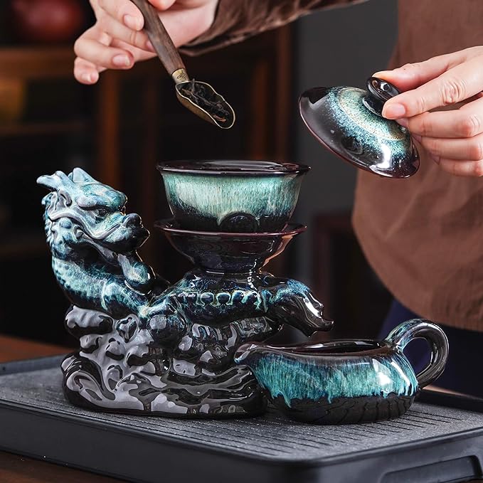Ceramic Teapot with Infuser Semi Automatic Tea Set Magic Teapot with 8 cups Gradient Color (Gradient Dragon- B) - Bloomnest