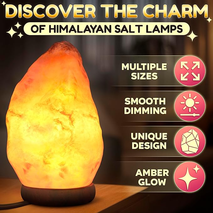 Himalayan Salt Rock Lamp with Dimmer – Hand-Carved Himalayan Salt Lamp 5.5–7 Inch (3-5.5 Lbs) with Wooden Base, Cord & Bulb – Adjustable Warm Amber Glow for Bedroom, Living Room, or Meditation Space