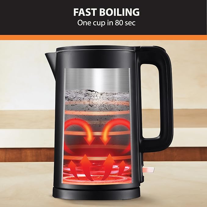 KRUPS 1.5L Electric Kettle Stainless Steel Cool Touch Interior, Fast Boiling, One Cup in 80 Seconds, Double Wall, Auto Off, Keep Warm, Hot Water Kettle Electric, Cordless, Black - Bloomnest